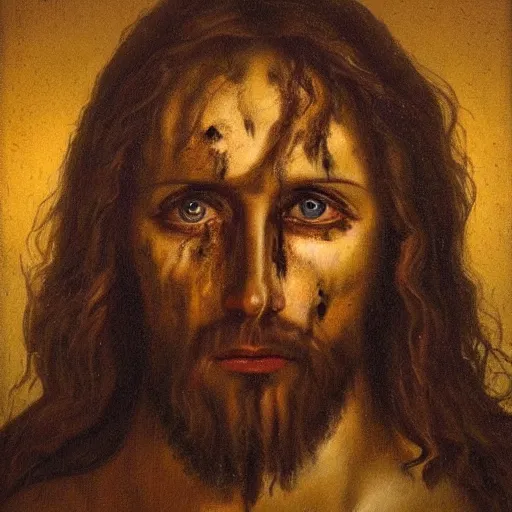 Image similar to oil painting by christian rex van minnen of a portrait of jesus christ, a depiction of jesus christ, scary, bible accurate, eyes scary, stern look, gross, dirty with intense chiaroscuro lighting perfect composition, baby scarred, burns, horrible, disgusting, terrifying, award winning painting