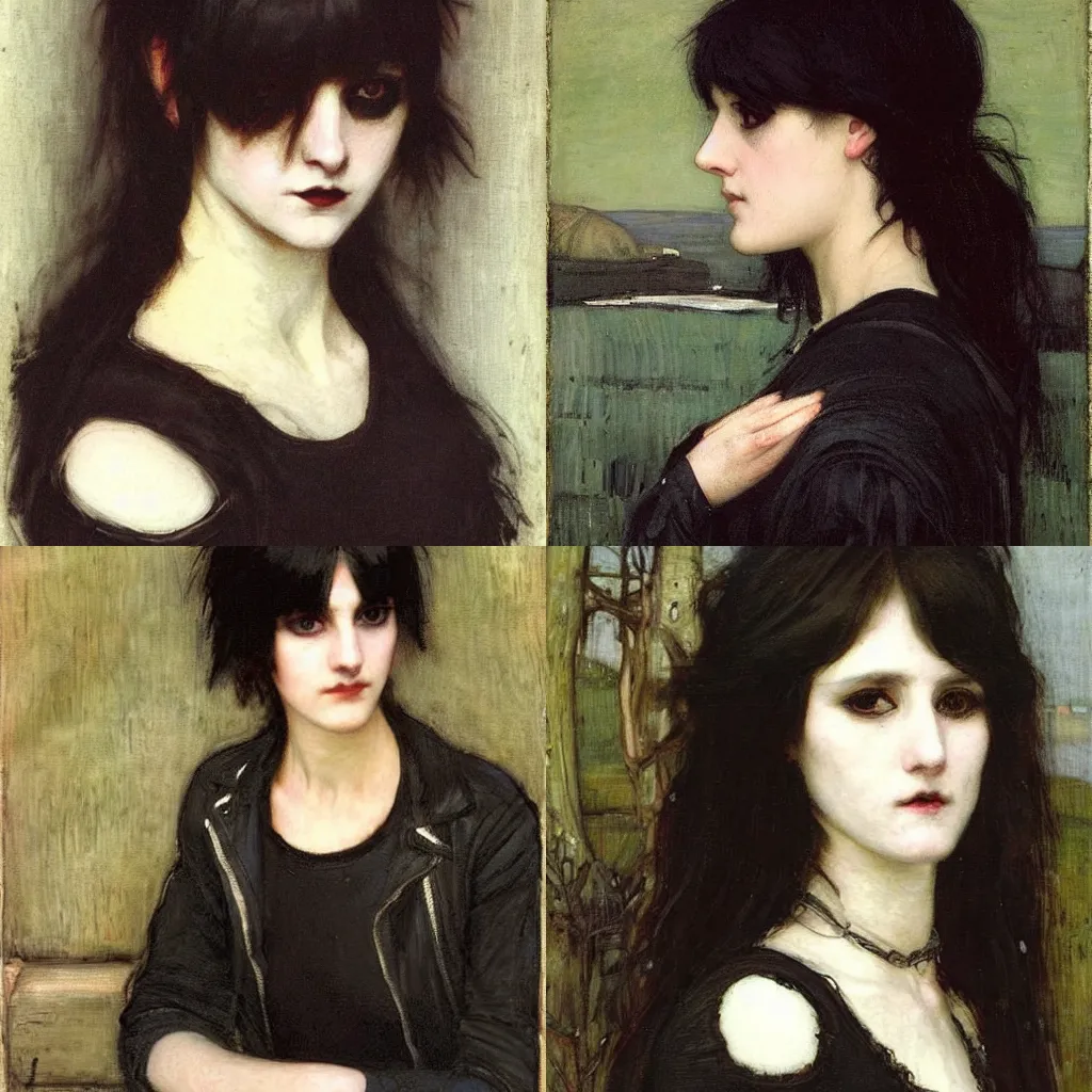 Prompt: a goth portrait painted by john william waterhouse. her hair is dark brown and cut into a short, messy pixie cut. she has a slightly rounded face, with a pointed chin, large entirely - black eyes, and a small nose. she is wearing a black tank top, a black leather jacket,