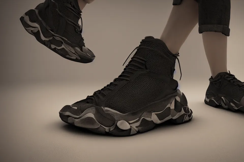 Image similar to ultra realistic balenciaga concept sneakers, dark cinematic, volumetric, realistic, 3 d render, realistic render, cinematic lighting, volumetric lighting, atmospheric, cinematic, unreal engine 5, unreal engine render, octane render, hd, photorealism, hyper realistic, photo, 8 k