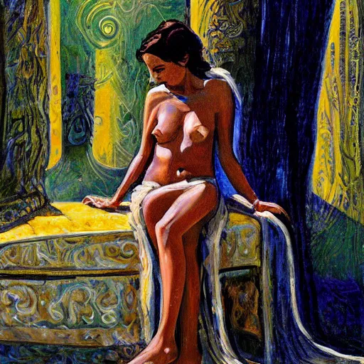 Image similar to full length portrait of a beautiful goddess, sitting in the shade, by Jason Jenicke, detailed, stylized, loose brush strokes, intricate, realistic, exaggerated lighting, sense of scale, ferocious, sensual