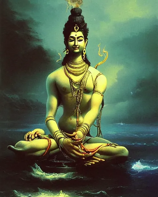 Image similar to One many-armed Shiva sits. In the background gasoline on the water. Dark colors, high detail, hyperrealism, masterpiece, close-up, ceremonial portrait, solo, rich deep colors, realistic, art by Yoshitaka Amano, Ivan Aivazovsky