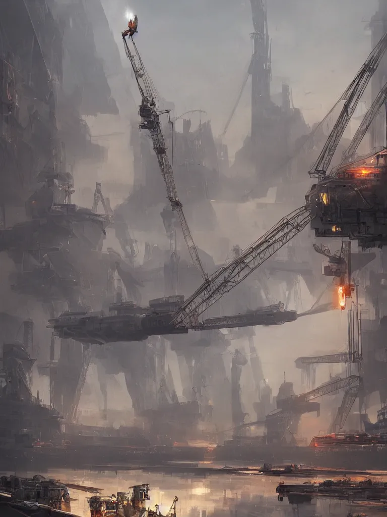 Prompt: a science fiction harbour, gigantic crane, james paick, trending on artstation