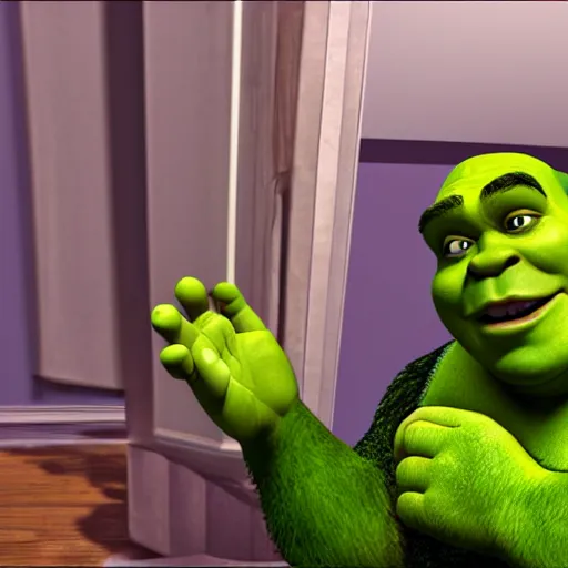 Prompt: shrek creeping into room, pov from bed