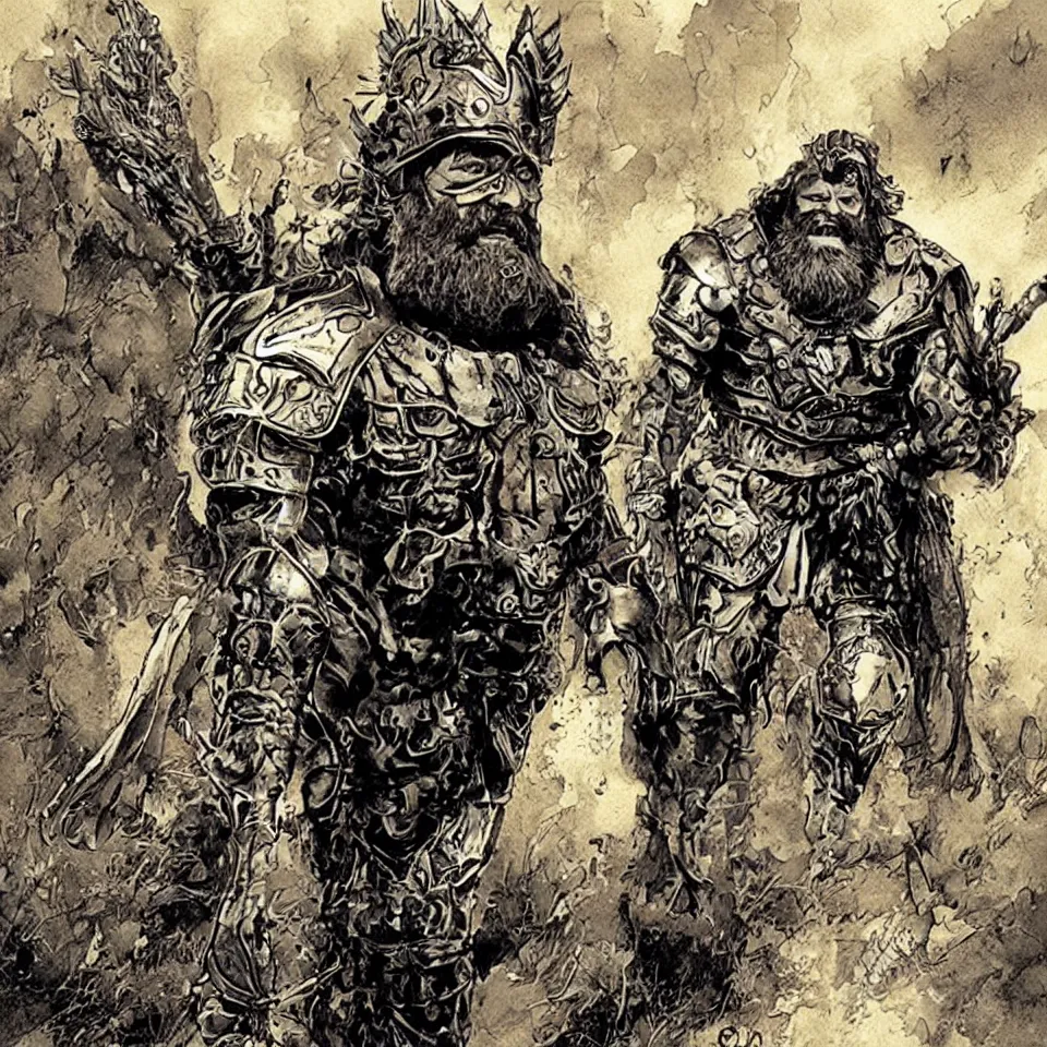 Image similar to Brian Blessed, as a barbrian in leather armor, in a wasteland, walking towards us, in Travis Charest style