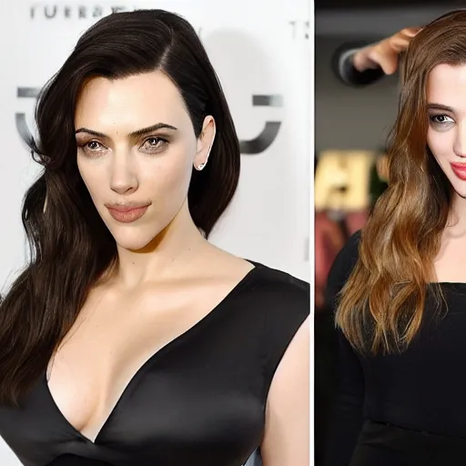 Image similar to a woman who is a genetic combination of kim kardashian and kat dennings and scarlett johansson and margot robbie and emma watson, face and upper - body focus, detailed eyes