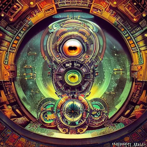 Prompt: beautifully detailed keyhole portal inside of a kinocorium overlooking the ocean Scythian ethereal retrofuturistic mecha hindu god with the all-seeing eye of a beholder. Steampunk 1950s Uzumaki mecha by Klimt Murakami, Dan Mumford and Peter Mohrbacher