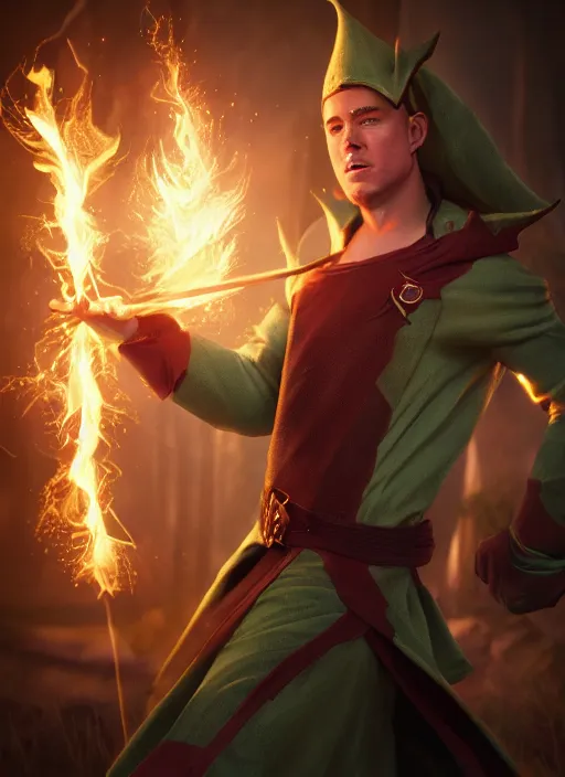 Image similar to A fantasy comic book style portrait painting of a Channing Tatum as a male elf wizard casting a fire spell, unreal 5, DAZ, hyperrealistic, octane render, RPG portrait, ambient light, dynamic lighting