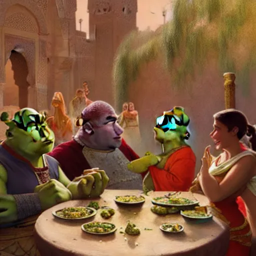 Image similar to shrek eats couscous with his family at a moroccan festival while everyone dances in joy, highly detailed, digital painting, artstation, concept art, sharp focus, illustration, art by greg rutkowski and alphonse mucha