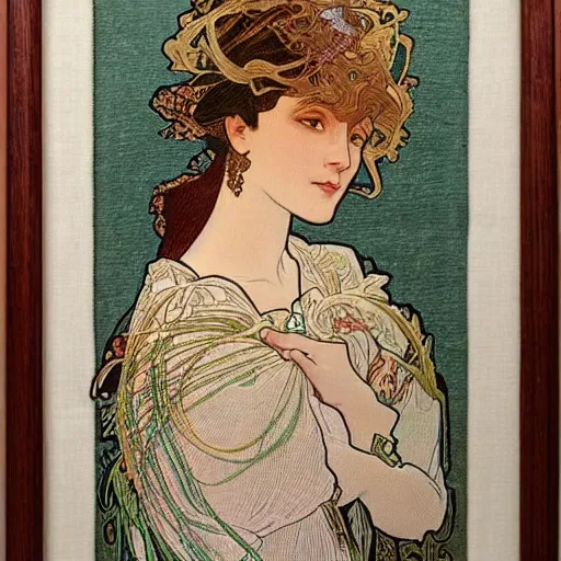 Image similar to a beautiful handmade embroidery of a woman in the style of alphonse mucha. hand embroidery.