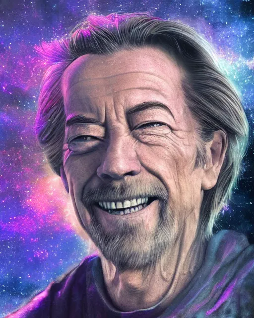Prompt: alan watts grinning meditating in galaxy universe realistic dramatic lighting stylized soft airbrush painting highly detailed, 3d render senior artist, photorealistic, textured, featured on artstation