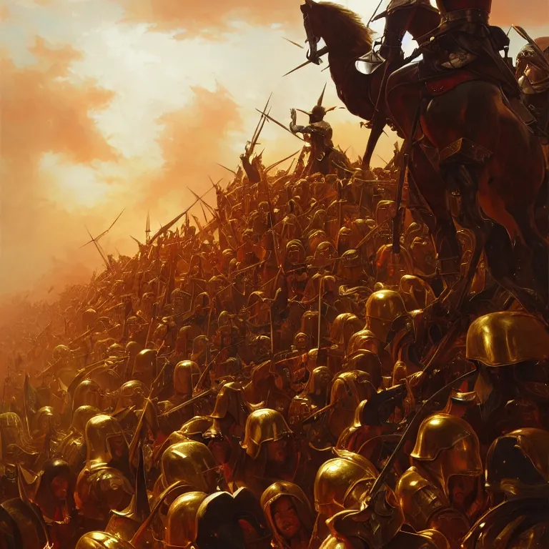 Image similar to battle field of a medieval war between golden soldiers and black red iron soldiers, dramatic lighting, intricate, wild, highly detailed, digital painting, artstation, concept art, smooth, sharp focus, illustration, art by artgerm and greg rutkowski and alphonse mucha