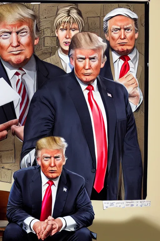 Prompt: extremely detailed portrait of donald trump in a classroom looking totally confused by advanced mathematics written on the board and beginning to panic. highly detailed lifelike photorealistic digital painting, trending on artstation.