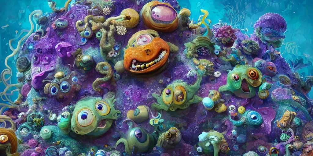 Image similar to of an intricate sea reef with strange cute friendly happy creatures with huge eyes, mouth, long tongue, round teeth and goofy face, appearing from the background, in the style of gehry and gaudi, macro lens, shallow depth of field, ultra detailed, digital painting, trending artstation, concept art, illustration, cinematic lighting, photorealism, epic, octane render