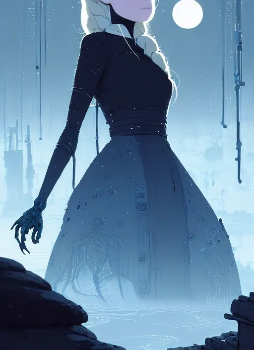 Image similar to highly detailed portrait of a hopeful frostpunk long blonde hair lady with curvy short black dress, stray wiring by atey ghailan, james gilleard, by joe fenton, by greg rutkowski, by greg tocchini, by kaethe butcher, 4 k resolution, gradient blue, black and white color scheme!!! ( ( frozen robotic dystopian city background ) )