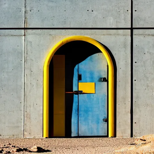 Image similar to a long, ground level shot of a standard door made of metal, the door has a shell made of concrete, facing the camera, set somewhere in nevada desert, barren mountains far away, centered composition, high noon, brightly-lit, yellow cinematic lighting