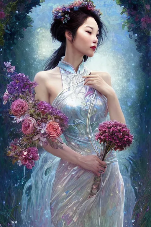 Image similar to portrait of a beautiful woman wearing a cheongsam dress, holding a bouquet of flowing flowers, drenched body, silver hair, emerging from the water, dark fantasy, regal, fractal crystal, fractal gems, by ross tran, stanley artgerm lau, thomas kindkade, alphonse mucha, loish, norman rockwell