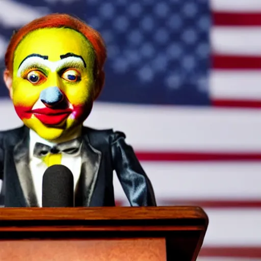 Image similar to marionette of a president with clown makeup in a podium and a human shadow behind