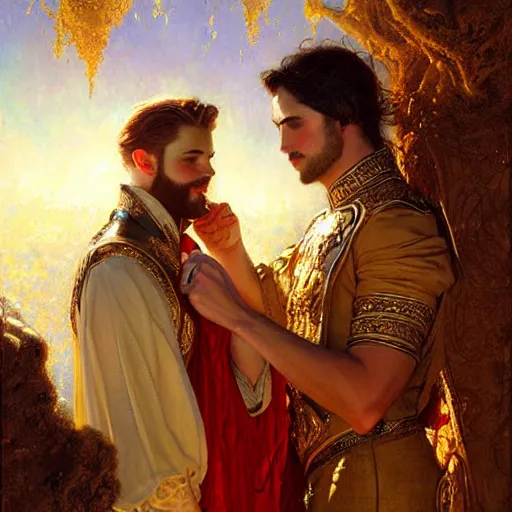 Image similar to attractive fully clothed king confesses his love for his attractive fully clothed male prince. highly detailed painting by gaston bussiere, tom bagshaw, craig mullins