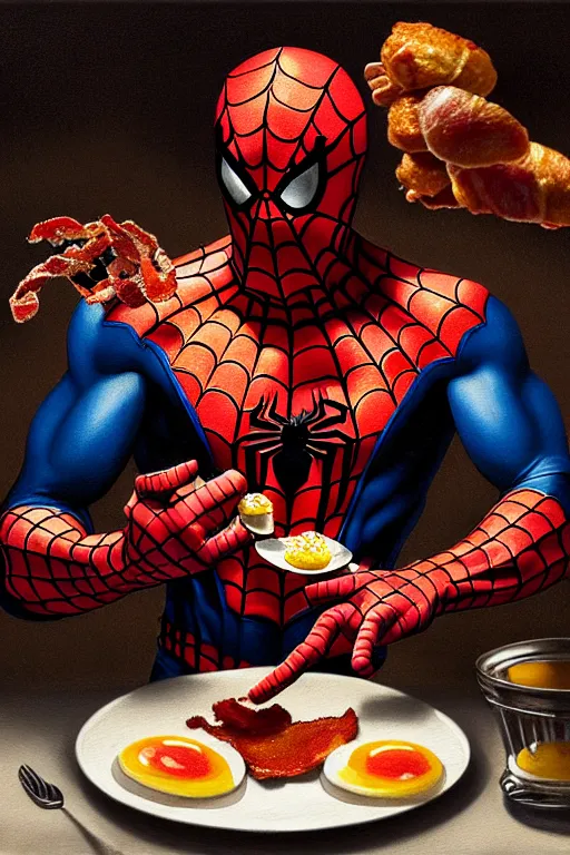 Image similar to spider - man eating fried eggs and bacon, oil painting, high detail, dark lighting, atmospheric, extremely detailed, intricate, da vinci, michelangelo, caravaggio, hans holbein, raphael, donatello, 8 k