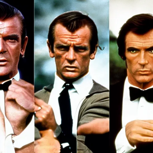 Prompt: battle royale between james bond actors sean connery, roger moore, timothy dalton, pierce brosnan, and daniel craig