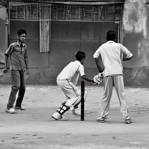 Image similar to four guys playing a game of cricket, on an indian street, award winning image, national geographic, dslr 3 0 mm image, black and white, wow, gorgeous