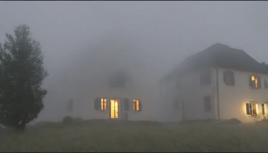 Image similar to mini dv camera found footage of a heavy burning french style little house, heavy rain, foggy, in a small northern french village, heavy grain, very low quality, high detail, dramatic light