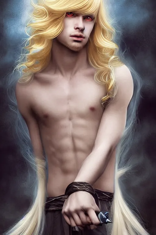 Prompt: digital art of a pale menacing Angel of Battle with long blond curls of hair and piercing eyes, young androgynous male, central composition, he commands the fiery power of resonance and wrath, very very long blond curly hair with bangs!!!, Center parted bangs, fringe, baroque curls, tight rolled drill curls, by Ross Tran Rossdraws and WLOP, Artstation, CGsociety