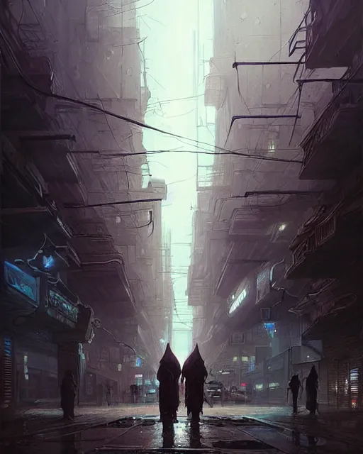 Image similar to professional ominous concept art of a dreary cyberpunk downtown street by artgerm and greg rutkowski. an intricate, elegant, highly detailed digital painting, concept art, smooth, sharp focus, illustration, in the style of simon stalenhag, wayne barlowe, and igor kieryluk.