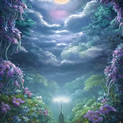 Image similar to detailed spirit creature with eyes in the flowers at night made by studio ghibli, beautiful scene, detailed, high quality, high details, smooth, ghibli artstyle, 8 k, detailed creature