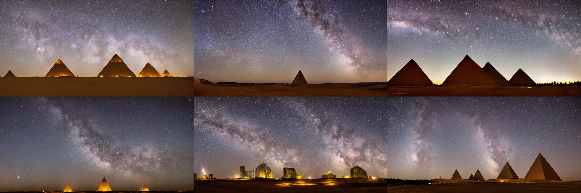 Prompt: the milky way over Edmonton pyramids, closeup view