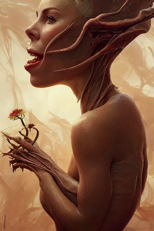 Image similar to Venus flytrap with face of Charlize Theron, intricate, highly detailed, smooth, artstation, digital illustration by Ruan Jia and Mandy Jurgens and Artgerm and Wayne Barlowe and Greg Rutkowski and Zdislav Beksinski