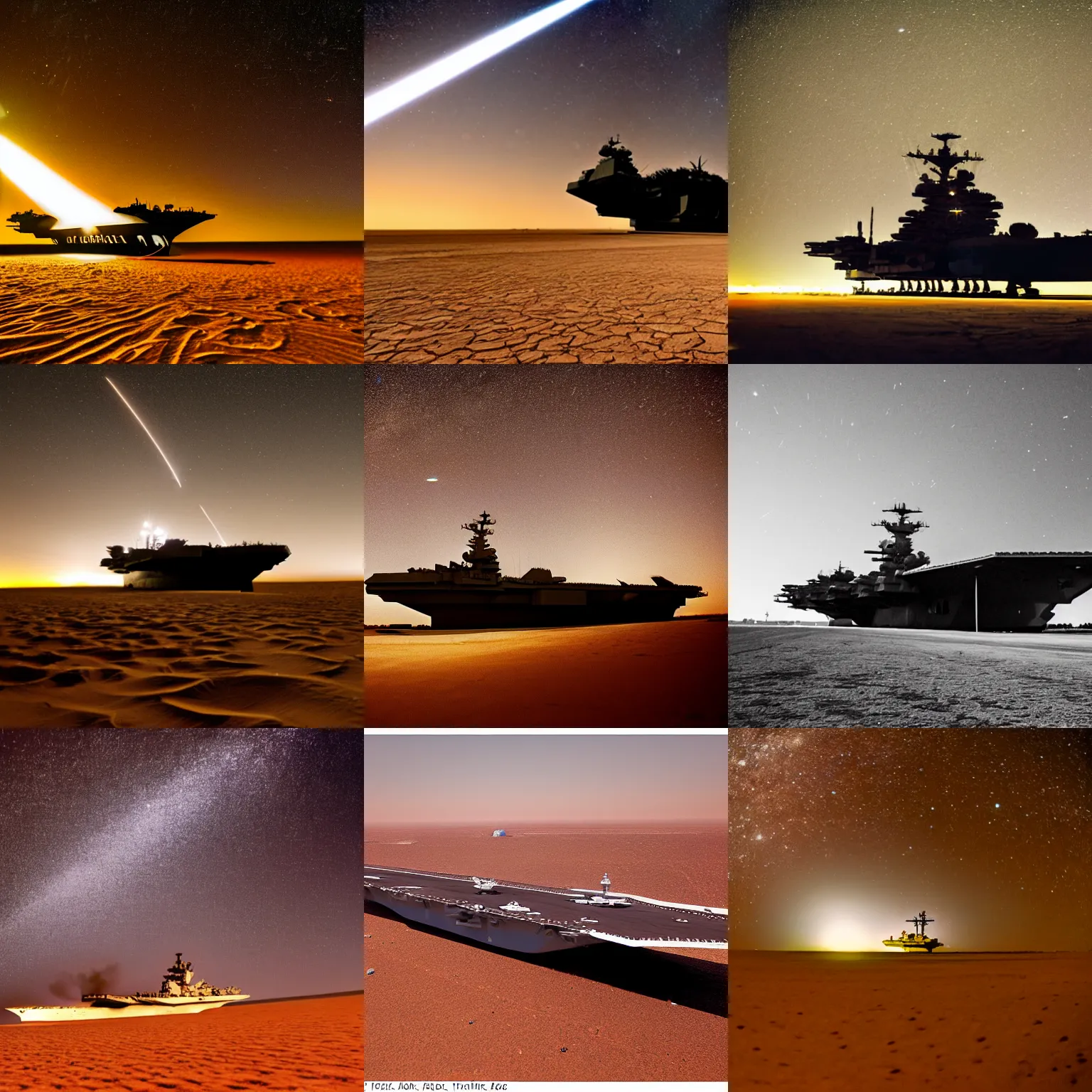 Prompt: Film still, extreme wide shot of a CVN-65 aircraft carrier in the sahara desert, during a meteor shower, at night, extreme long shot