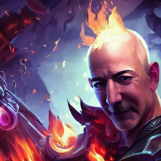 Image similar to portrait of jeff bezos burning money, league of legends amazing splashscreen artwork, splash art, natural light, elegant, photorealistic facial features, intricate, fantasy, detailed face, atmospheric lighting, anamorphic lens flare, cinematic lighting, league of legends splash art, hd wallpaper, ultra high details by greg rutkowski