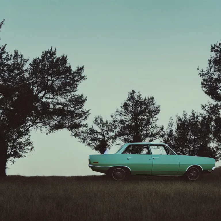 Prompt: 1 9 7 0 s car parked by the pine tree, silhouettes in field behind, film photo, soft lighting album cover, nostalgia, turquoise gradient