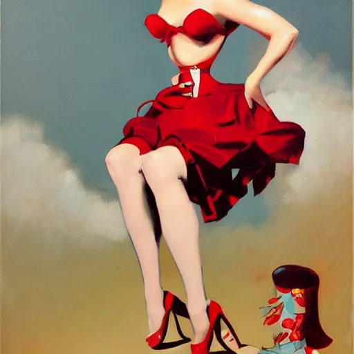 Prompt: a painting in the style of gil elvgren and in the style of james jean.