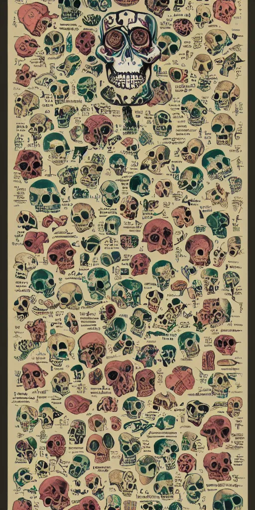 Prompt: anatomy of a skulls, diagrams, map, marginalia, sketchbook, old script, inhabited initials, pastel infographic by Wes Anderson and victo ngai