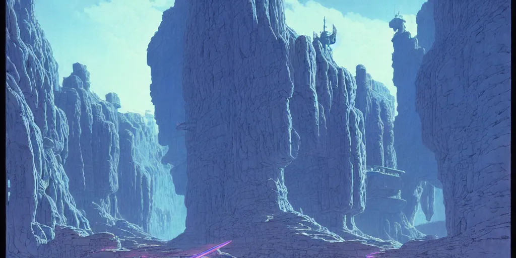 Image similar to grainy matte painting of gigantic huge mech with huge swords, pastel matte colors, staying in the toxic blue canyon, by moebius, hyperrealism, intricate detailed