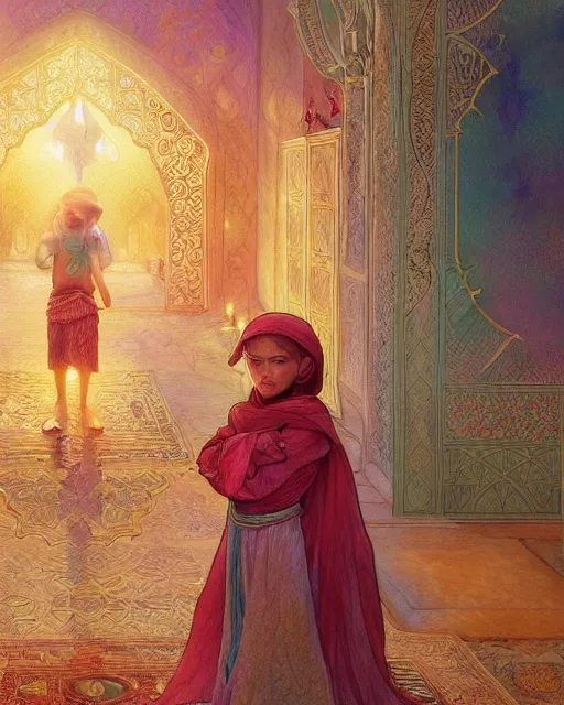 Image similar to a bedouin child infront of an big open quran highly detailed, gold filigree, romantic storybook fantasy, soft cinematic lighting, award, disney concept art watercolor illustration by mandy jurgens and alphonse mucha and alena aenami, pastel color palette, featured on artstation