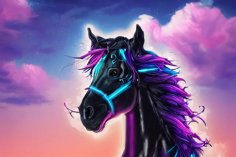 Prompt: a stunning horse with bioluminescent mane and tail running in the clouds by sandra chevrier and greg rutkowski, neon hooves, purple blue color scheme, vaporware, retro, outrun, high key lighting, volumetric light, digital art, highly detailed, fine detail, intricate, ornate, complex, octane render, unreal engine, photorealistic