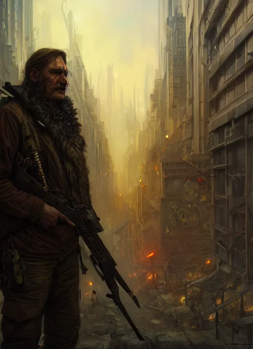 Prompt: a survivalist man, in postapocalypse city, diffuse lighting, fantasy, intricate, elegant, highly detailed, lifelike, photorealistic, digital painting, artstation, illustration, concept art, smooth, sharp focus, art by john collier and albert aublet and krenz cushart and alphonse mucha