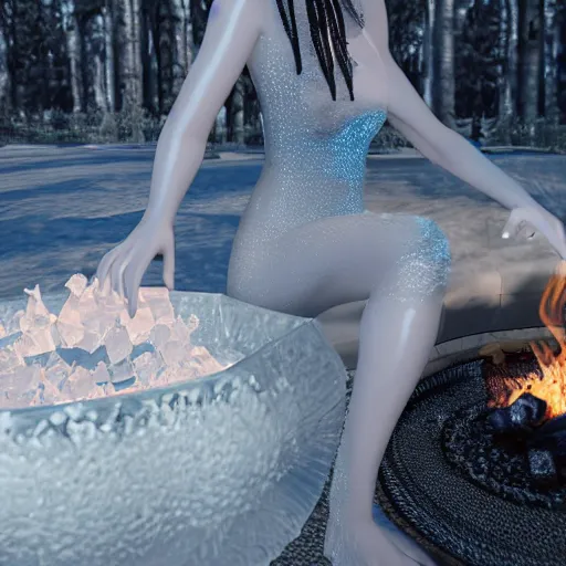 Prompt: a beautiful woman made out of crystal ice sitting by a campfire and slowly melting, by iris van herpen, unreal engine 5, outdoor campfire pit