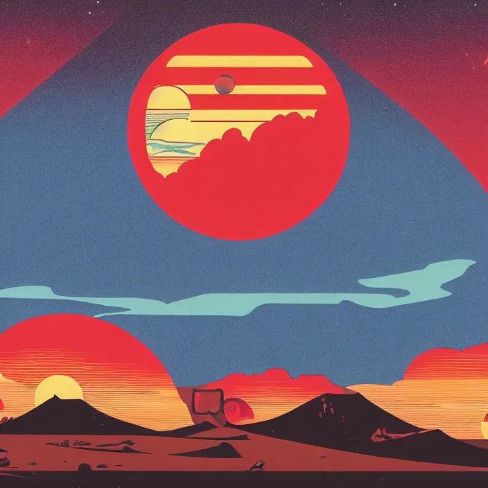 Image similar to a painting of a red landscape with a sun in the background, poster art by tom whalen, behance contest winner, space art, apocalypse landscape, ukiyo - e, synthwave