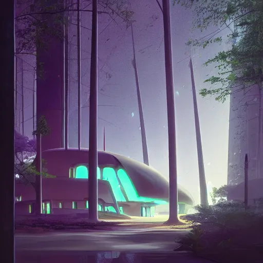 Image similar to a painting of a futuristic building surrounded by trees, an art deco painting by Beeple, cgsociety, retrofuturism, artstation hq, matte painting, biomorphic