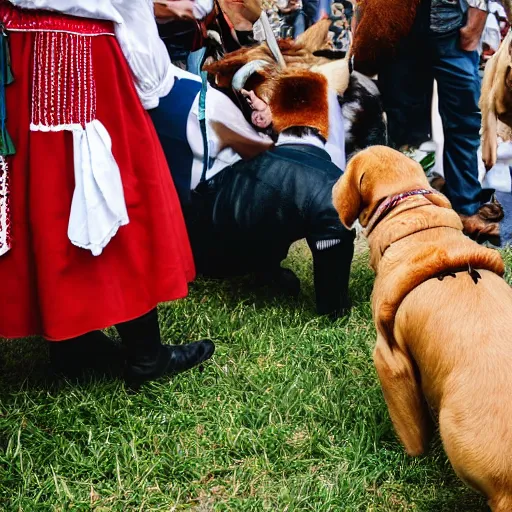 Prompt: dog in austrian folk costume drinking beer at octoberfest, award-winning photo