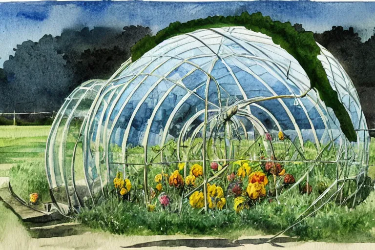 Prompt: a watercolor painting of a spherical greenhouse in a grass field, an illustration by Buckminster Fuller, behance, ecological art, concept art, matte drawing, photoillustration, diagram, scientific illustration, botany