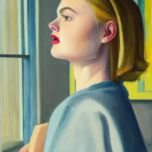 Image similar to professional painting of Elle Fanning in the style of Edward Hopper, head and shoulders portrait, symmetrical facial features, smooth, sharp focus, illustration, intricate, stormy weather, extremely detailed masterpiece,