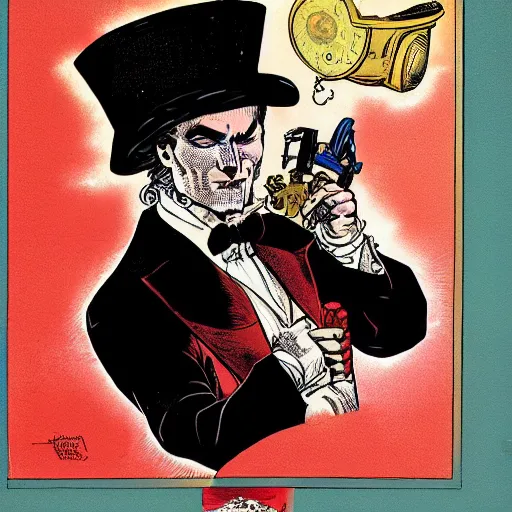 Image similar to portrait of a steampunk cyborg gentleman wearing a red top hat by Brian Bolland