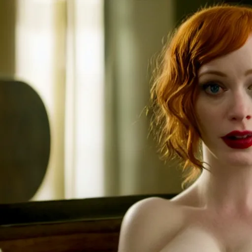 Image similar to a very surprised looking beautiful Christina Hendricks r in the living room, film still from the movie directed by Denis Villeneuve , wide lens