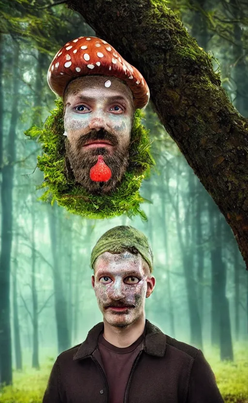 Prompt: realistic colorful photo portrait of man with mushrooms growing on his face, illuminated forest in the background full light, ultra rendered extreme realism and detail, 8 k, highly detailed, realistic, photorealistic,