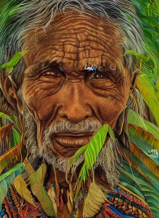 Image similar to a beautiful painting of a very old indigenous grand-father in the amazon jungle, visionary art, matte painting, ayahuasca, highly detailed